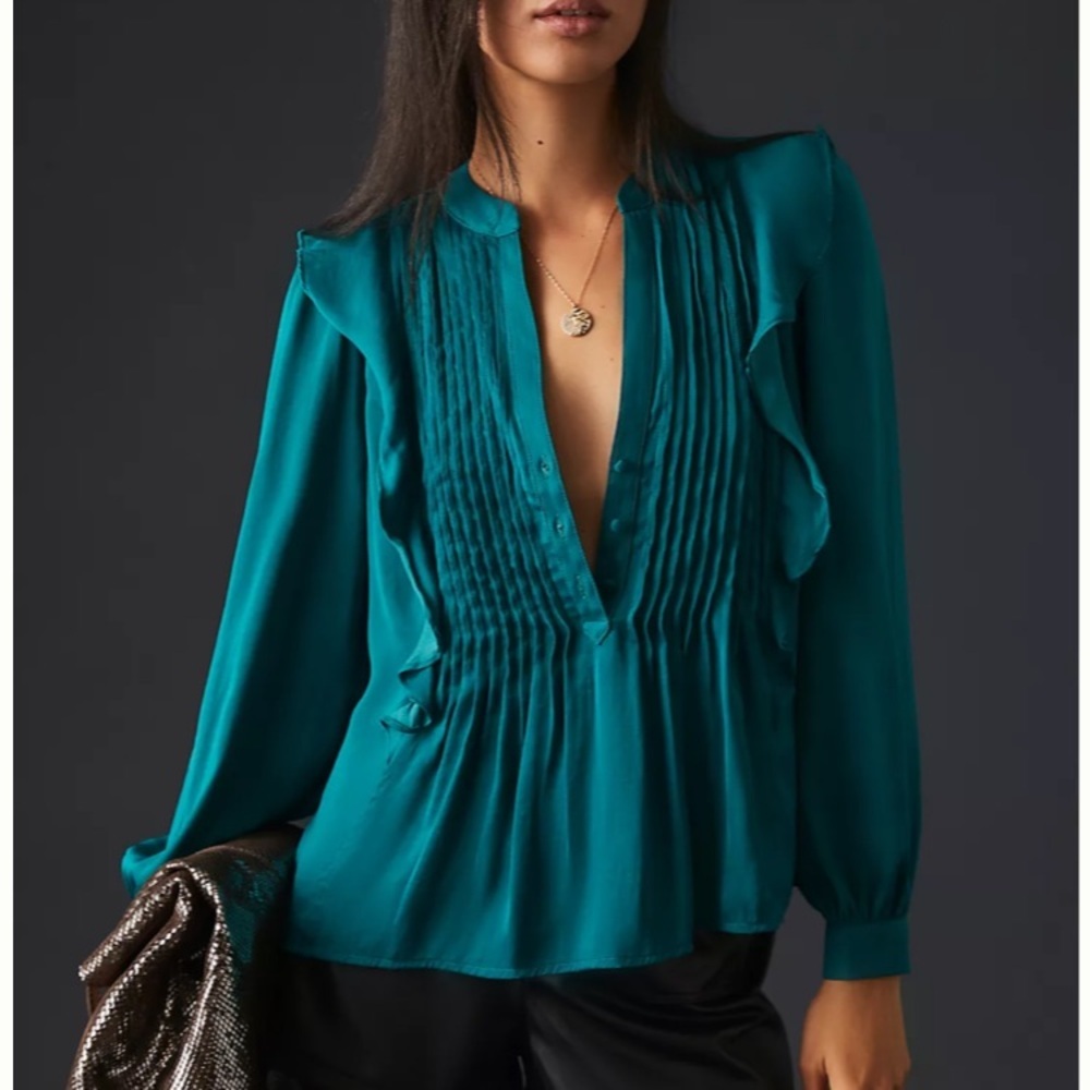 Anthropologie Blue Long Sleeve Ruffled Blouse